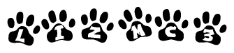 The image shows a row of animal paw prints, each containing a letter. The letters spell out the word Lizmc3 within the paw prints.