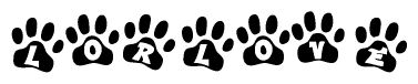 The image shows a row of animal paw prints, each containing a letter. The letters spell out the word Lorlove within the paw prints.
