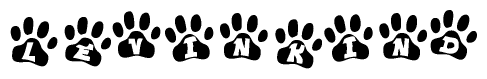 The image shows a row of animal paw prints, each containing a letter. The letters spell out the word Levinkind within the paw prints.