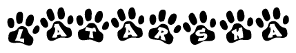 The image shows a series of animal paw prints arranged horizontally. Within each paw print, there's a letter; together they spell Latarsha