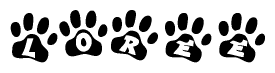 The image shows a series of animal paw prints arranged horizontally. Within each paw print, there's a letter; together they spell Loree