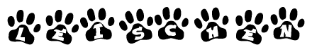 The image shows a series of animal paw prints arranged in a horizontal line. Each paw print contains a letter, and together they spell out the word Leischen.
