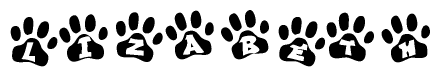 The image shows a series of animal paw prints arranged in a horizontal line. Each paw print contains a letter, and together they spell out the word Lizabeth.