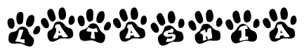 The image shows a series of animal paw prints arranged in a horizontal line. Each paw print contains a letter, and together they spell out the word Latashia.