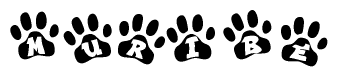 The image shows a series of animal paw prints arranged in a horizontal line. Each paw print contains a letter, and together they spell out the word Muribe.