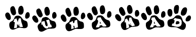 The image shows a series of animal paw prints arranged in a horizontal line. Each paw print contains a letter, and together they spell out the word Muhamad.