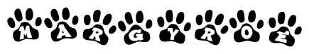 The image shows a row of animal paw prints, each containing a letter. The letters spell out the word Margyroe within the paw prints.