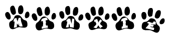 The image shows a series of animal paw prints arranged in a horizontal line. Each paw print contains a letter, and together they spell out the word Minxie.