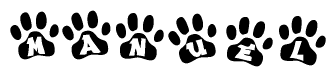 The image shows a row of animal paw prints, each containing a letter. The letters spell out the word Manuel within the paw prints.