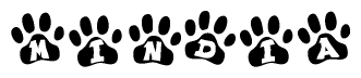 The image shows a series of animal paw prints arranged horizontally. Within each paw print, there's a letter; together they spell Mindia