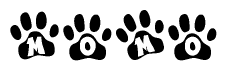 The image shows a series of animal paw prints arranged in a horizontal line. Each paw print contains a letter, and together they spell out the word Momo.