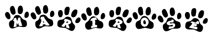 The image shows a row of animal paw prints, each containing a letter. The letters spell out the word Marirose within the paw prints.