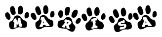 The image shows a row of animal paw prints, each containing a letter. The letters spell out the word Marisa within the paw prints.