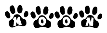 The image shows a row of animal paw prints, each containing a letter. The letters spell out the word Moon within the paw prints.