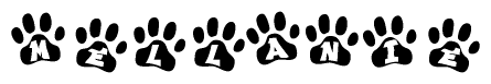 The image shows a row of animal paw prints, each containing a letter. The letters spell out the word Mellanie within the paw prints.