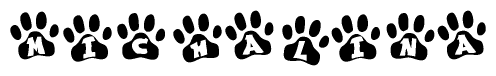 The image shows a row of animal paw prints, each containing a letter. The letters spell out the word Michalina within the paw prints.