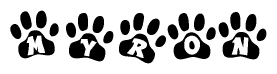 The image shows a row of animal paw prints, each containing a letter. The letters spell out the word Myron within the paw prints.