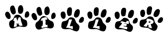 The image shows a row of animal paw prints, each containing a letter. The letters spell out the word Miller within the paw prints.