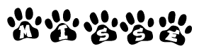 The image shows a series of animal paw prints arranged in a horizontal line. Each paw print contains a letter, and together they spell out the word Misse.