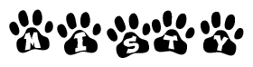 The image shows a series of animal paw prints arranged in a horizontal line. Each paw print contains a letter, and together they spell out the word Misty.