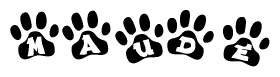 The image shows a series of animal paw prints arranged in a horizontal line. Each paw print contains a letter, and together they spell out the word Maude.