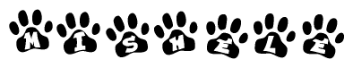 The image shows a series of animal paw prints arranged in a horizontal line. Each paw print contains a letter, and together they spell out the word Mishele.