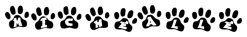 The image shows a series of animal paw prints arranged in a horizontal line. Each paw print contains a letter, and together they spell out the word Michealle.