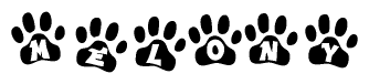 The image shows a series of animal paw prints arranged horizontally. Within each paw print, there's a letter; together they spell Melony
