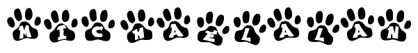 The image shows a row of animal paw prints, each containing a letter. The letters spell out the word Michaelalan within the paw prints.
