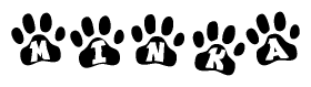 The image shows a series of animal paw prints arranged in a horizontal line. Each paw print contains a letter, and together they spell out the word Minka.