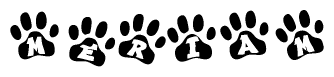 The image shows a series of animal paw prints arranged horizontally. Within each paw print, there's a letter; together they spell Meriam