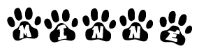 The image shows a row of animal paw prints, each containing a letter. The letters spell out the word Minne within the paw prints.