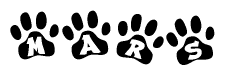 The image shows a series of animal paw prints arranged in a horizontal line. Each paw print contains a letter, and together they spell out the word Mars.