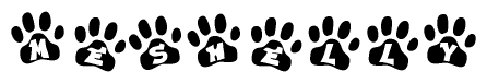 The image shows a series of animal paw prints arranged horizontally. Within each paw print, there's a letter; together they spell Meshelly
