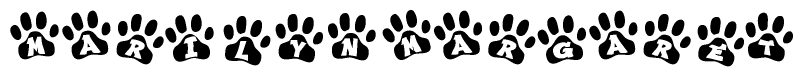 The image shows a row of animal paw prints, each containing a letter. The letters spell out the word Marilynmargaret within the paw prints.