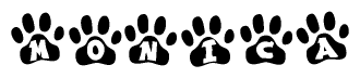 The image shows a series of animal paw prints arranged horizontally. Within each paw print, there's a letter; together they spell Monica
