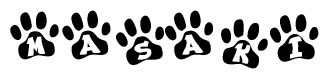 The image shows a series of animal paw prints arranged in a horizontal line. Each paw print contains a letter, and together they spell out the word Masaki.