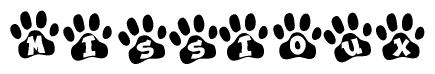 The image shows a series of animal paw prints arranged horizontally. Within each paw print, there's a letter; together they spell Missioux
