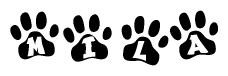 The image shows a series of animal paw prints arranged horizontally. Within each paw print, there's a letter; together they spell Mila