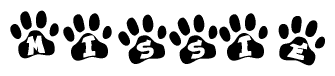 The image shows a series of animal paw prints arranged horizontally. Within each paw print, there's a letter; together they spell Missie