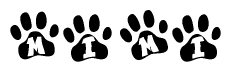 The image shows a series of animal paw prints arranged horizontally. Within each paw print, there's a letter; together they spell Mimi