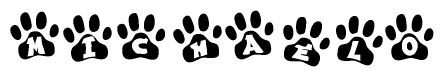 The image shows a series of animal paw prints arranged horizontally. Within each paw print, there's a letter; together they spell Michaelo