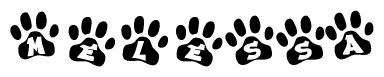 The image shows a series of animal paw prints arranged in a horizontal line. Each paw print contains a letter, and together they spell out the word Melessa.