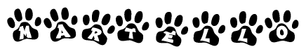The image shows a series of animal paw prints arranged in a horizontal line. Each paw print contains a letter, and together they spell out the word Martello.