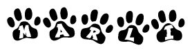 The image shows a row of animal paw prints, each containing a letter. The letters spell out the word Marli within the paw prints.