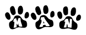 The image shows a series of animal paw prints arranged horizontally. Within each paw print, there's a letter; together they spell Man