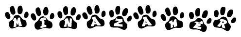 The image shows a row of animal paw prints, each containing a letter. The letters spell out the word Minazaher within the paw prints.