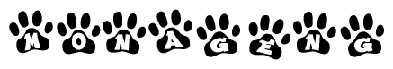 The image shows a row of animal paw prints, each containing a letter. The letters spell out the word Monageng within the paw prints.