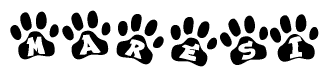 The image shows a series of animal paw prints arranged horizontally. Within each paw print, there's a letter; together they spell Maresi