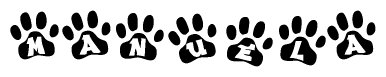 The image shows a series of animal paw prints arranged horizontally. Within each paw print, there's a letter; together they spell Manuela